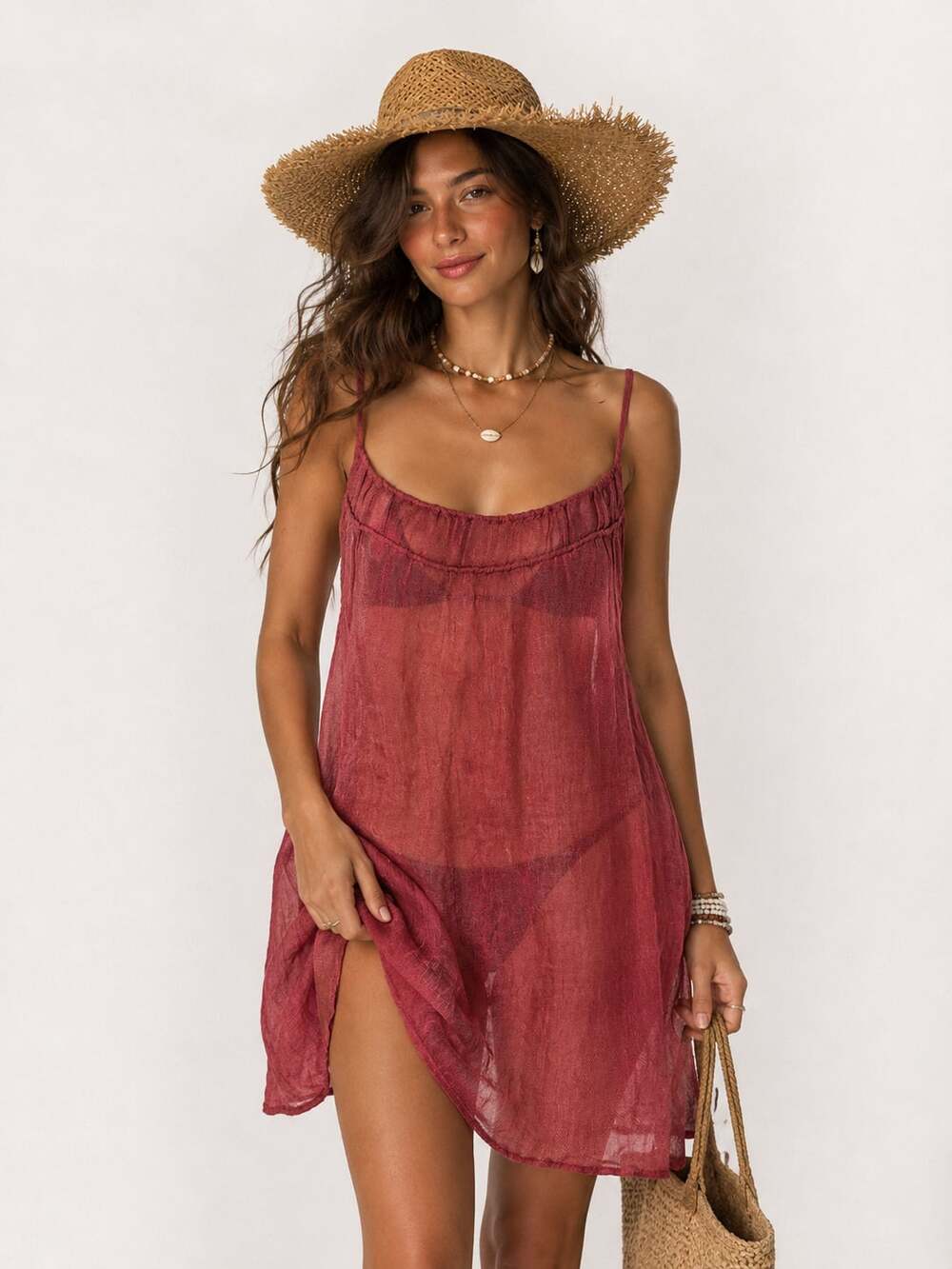 Eileen Fisher Sandalwood 100% Italian Linen Gauze Cami Dress M Resort Cover Up